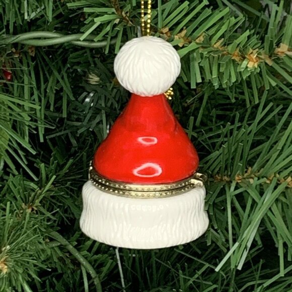 Santa Clause Hat Porcelain Hinged Surprise Gift Trinket Box Christmas Ornament - Picture 4 of 5
